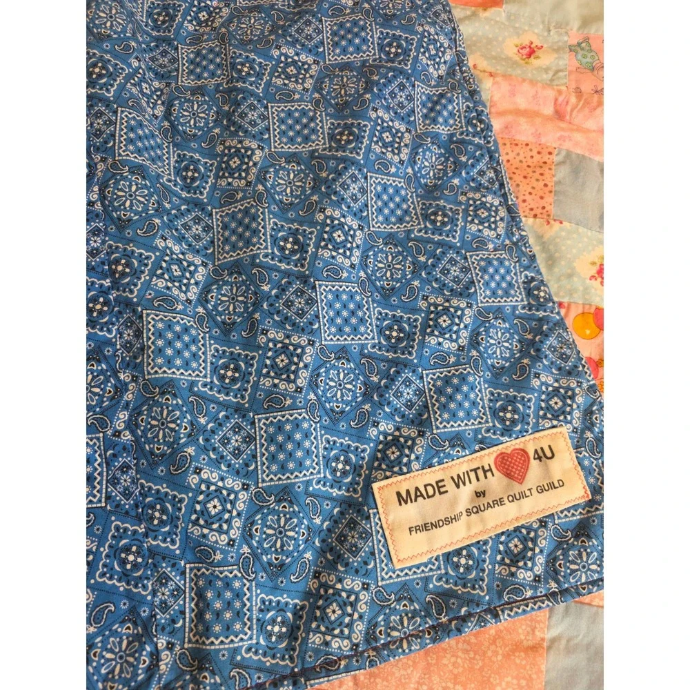 Handmade Patchwork Baby Quilt Pink Blue Hippo Floral Bandana Back 48x47